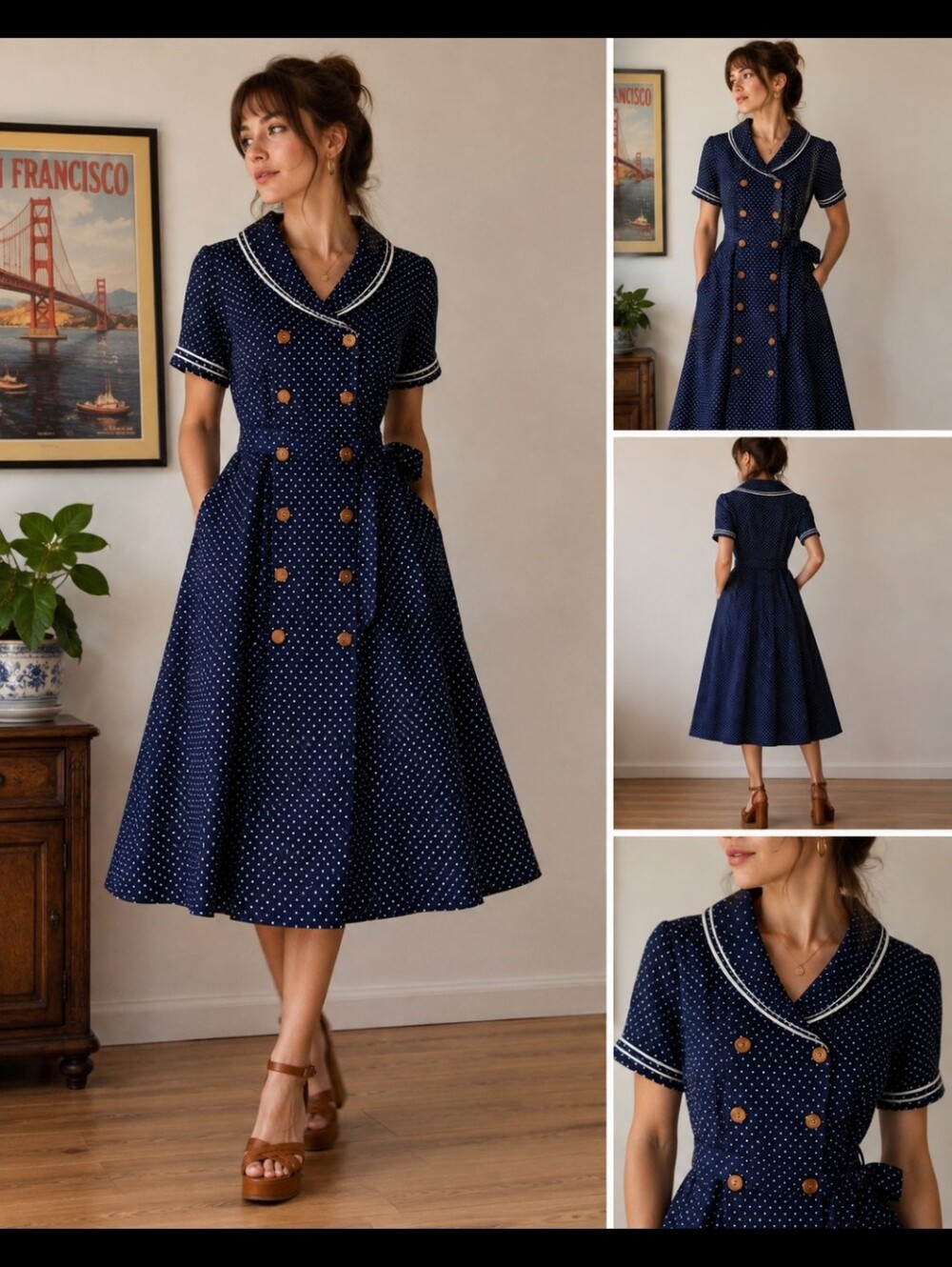 Vintage 1970s Eber San Francisco Navy Polka Dot Dress | Retro Sailor Collar S/M
